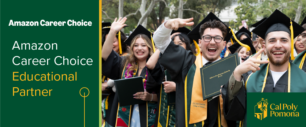 Amazon Career Choice logo. Amazon Career Choice Educational Partner. Cal Poly Pomona logo.